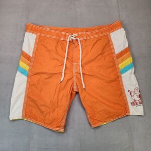 True Religion Retro Board Shorts Men's 40 Orange Swim Trunks Y2K 10" Made In USA